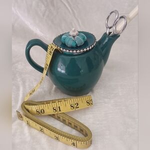 Up cycled Teal Pin Cushion Sewing Supply Holder Teapot